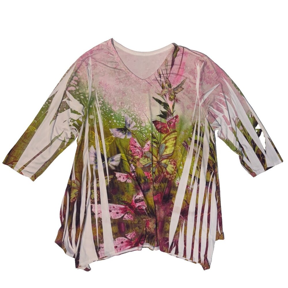 Jostar Tunic Top Women's L Asymmetric Rhinestone Embellished Floral Butterfly